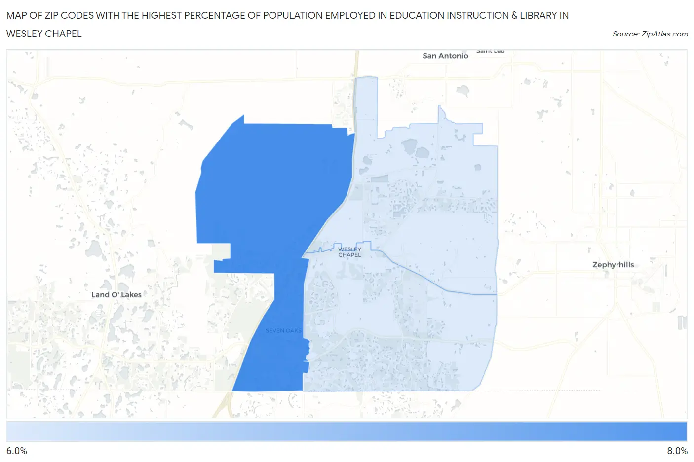 Zip Codes with the Highest Percentage of Population Employed in Education Instruction & Library in Wesley Chapel Map