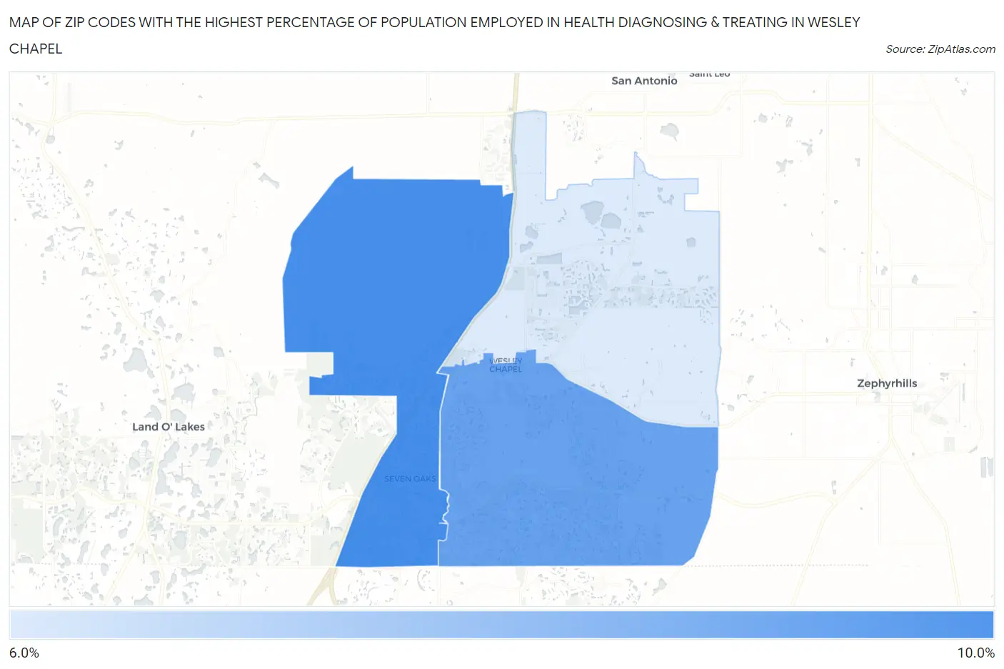 Zip Codes with the Highest Percentage of Population Employed in Health Diagnosing & Treating in Wesley Chapel Map
