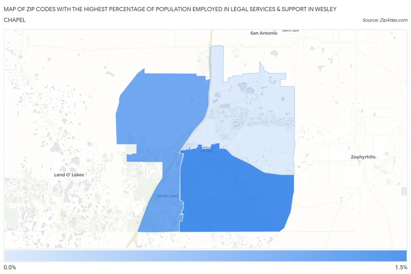 Zip Codes with the Highest Percentage of Population Employed in Legal Services & Support in Wesley Chapel Map