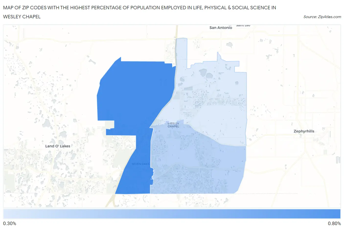 Zip Codes with the Highest Percentage of Population Employed in Life, Physical & Social Science in Wesley Chapel Map
