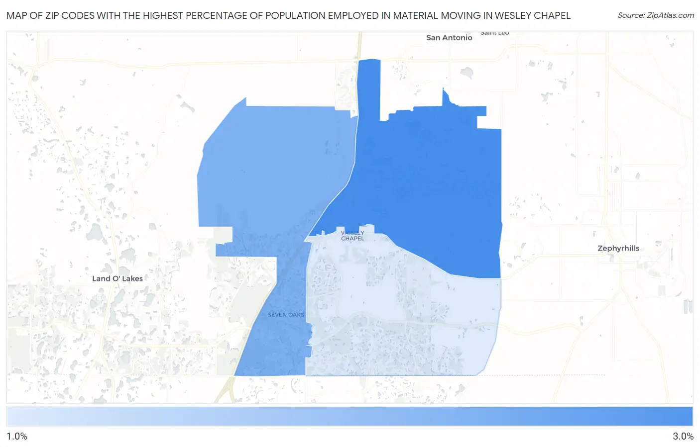 Zip Codes with the Highest Percentage of Population Employed in Material Moving in Wesley Chapel Map
