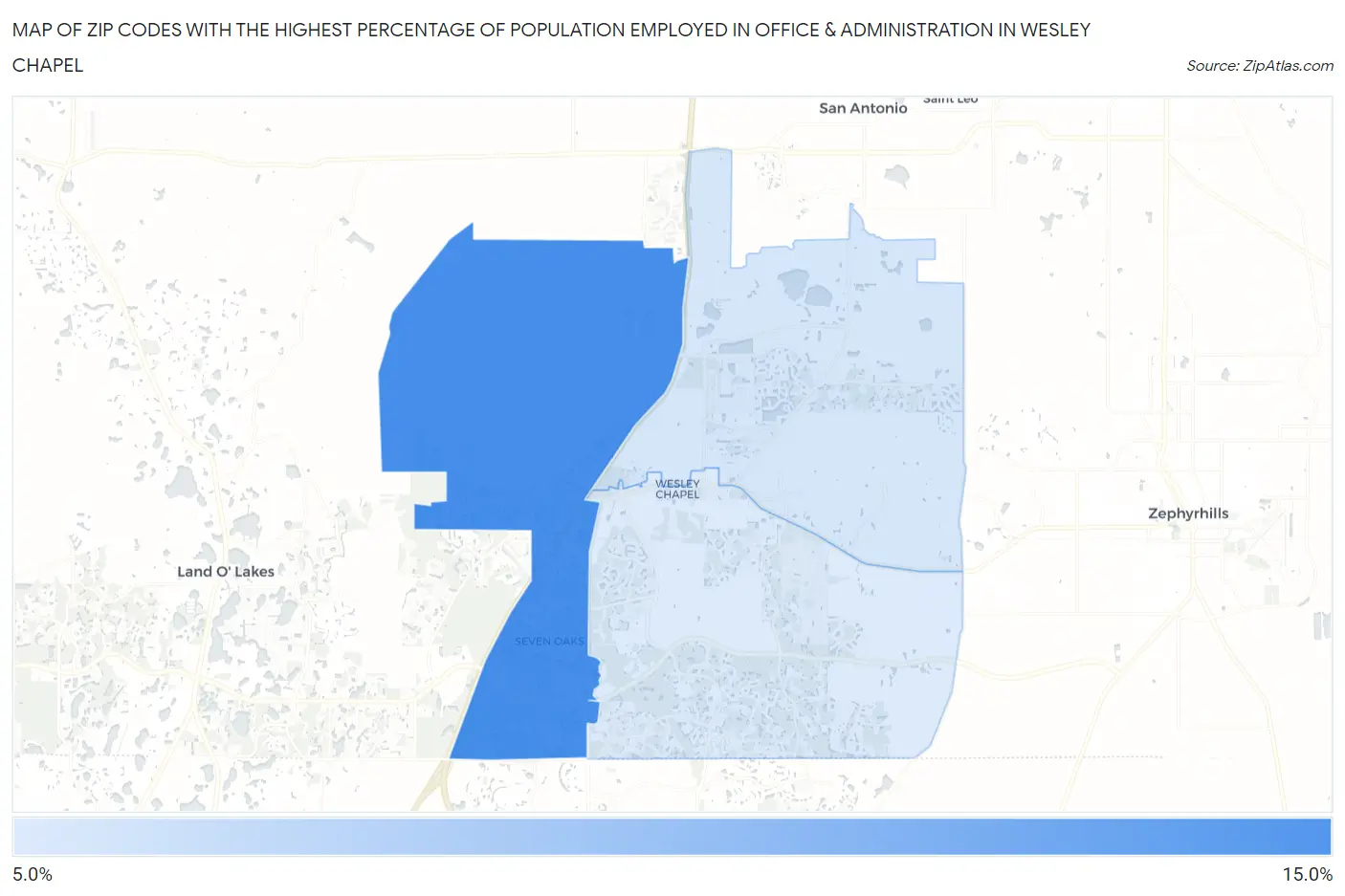 Zip Codes with the Highest Percentage of Population Employed in Office & Administration in Wesley Chapel Map