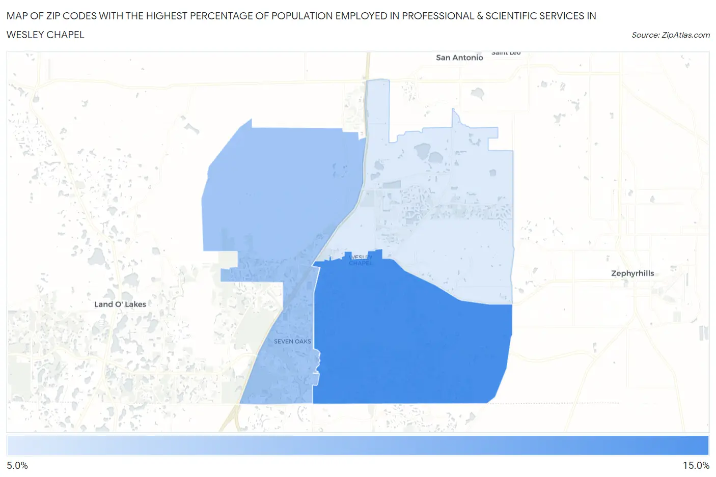 Zip Codes with the Highest Percentage of Population Employed in Professional & Scientific Services in Wesley Chapel Map