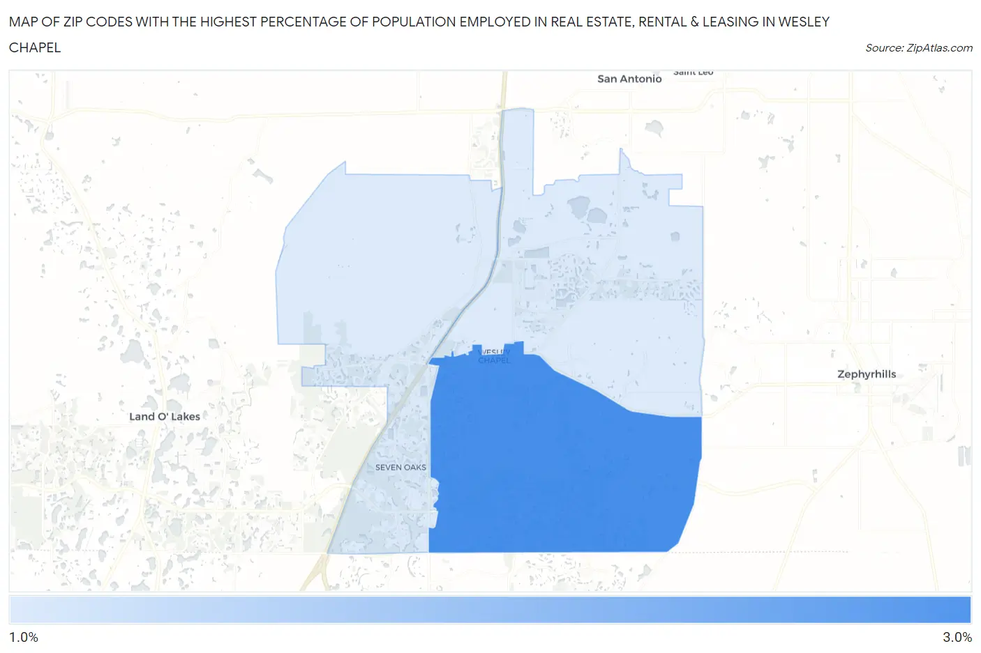 Zip Codes with the Highest Percentage of Population Employed in Real Estate, Rental & Leasing in Wesley Chapel Map