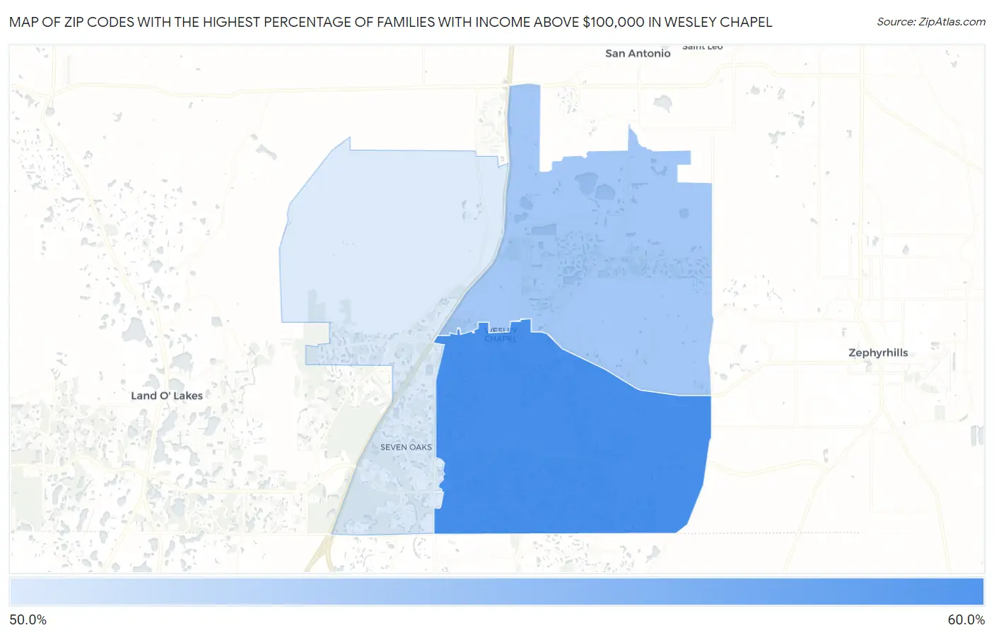 Zip Codes with the Highest Percentage of Families with Income Above $100,000 in Wesley Chapel Map