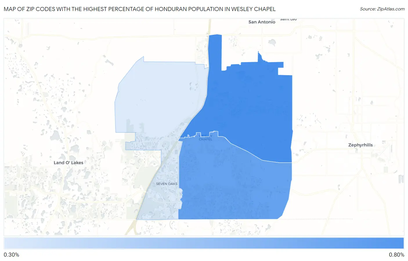 Zip Codes with the Highest Percentage of Honduran Population in Wesley Chapel Map