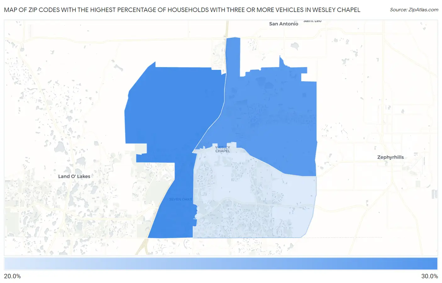 Zip Codes with the Highest Percentage of Households With Three or more Vehicles in Wesley Chapel Map