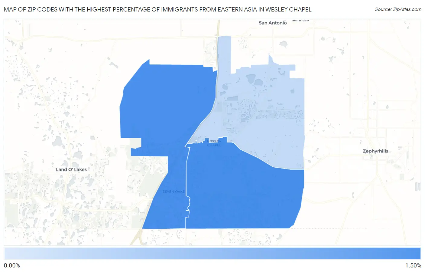 Zip Codes with the Highest Percentage of Immigrants from Eastern Asia in Wesley Chapel Map