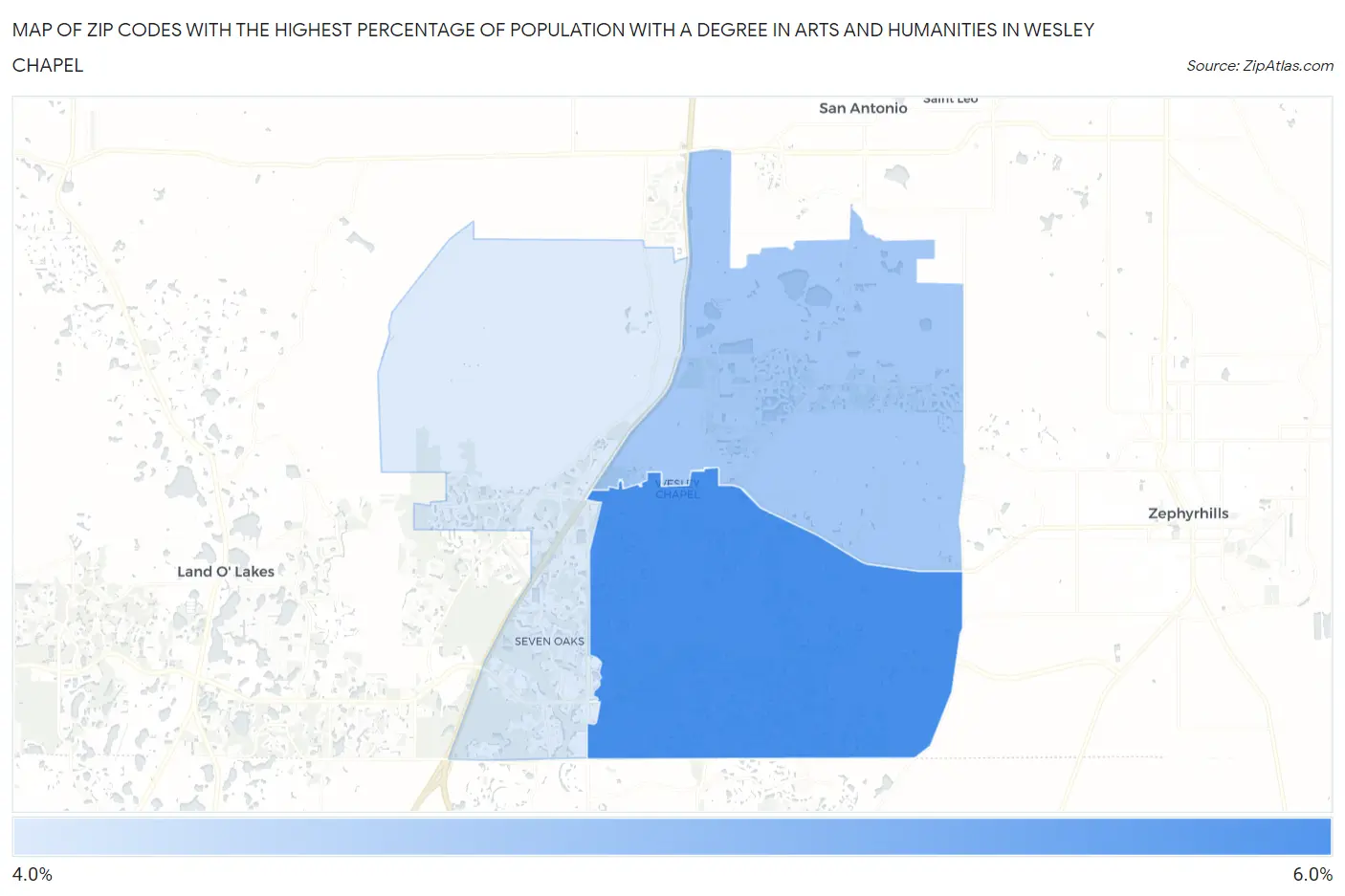 Zip Codes with the Highest Percentage of Population with a Degree in Arts and Humanities in Wesley Chapel Map