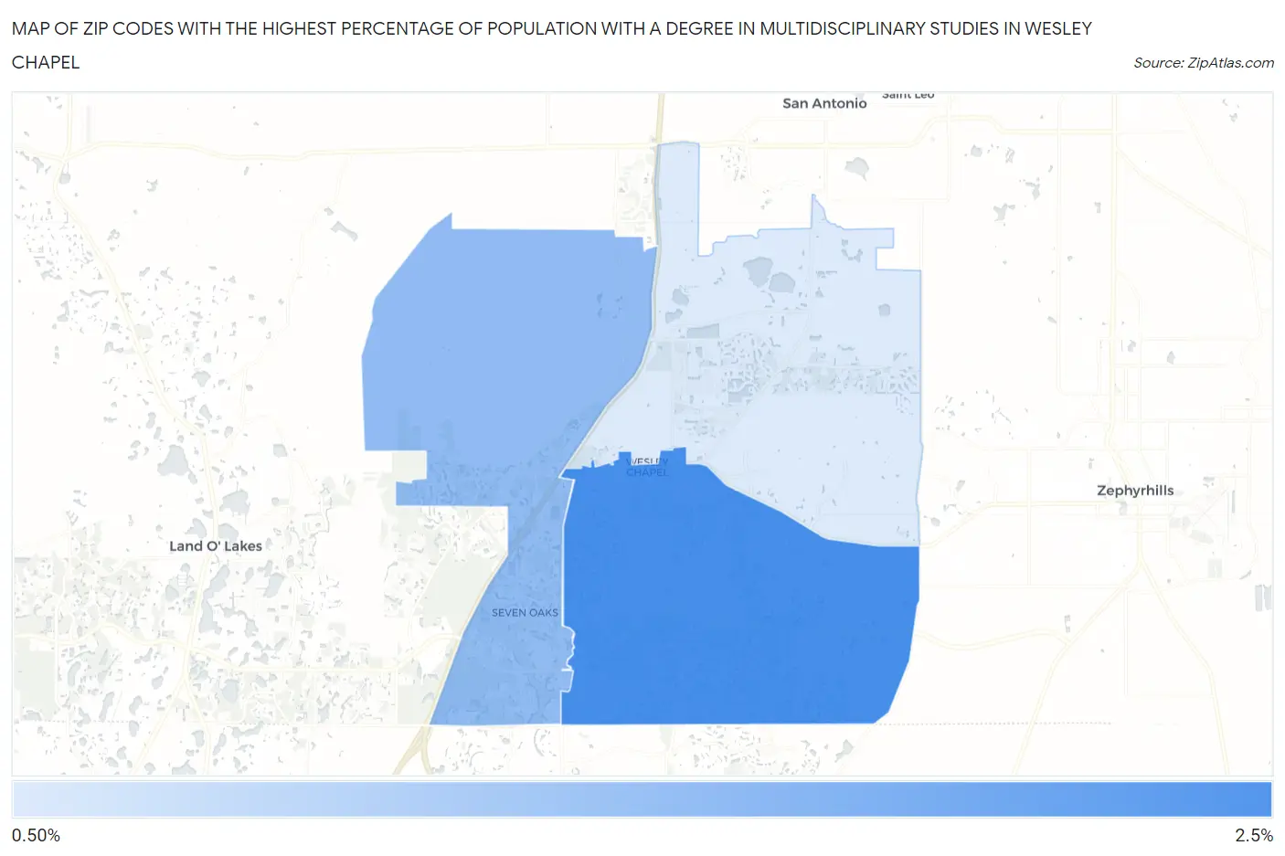 Zip Codes with the Highest Percentage of Population with a Degree in Multidisciplinary Studies in Wesley Chapel Map