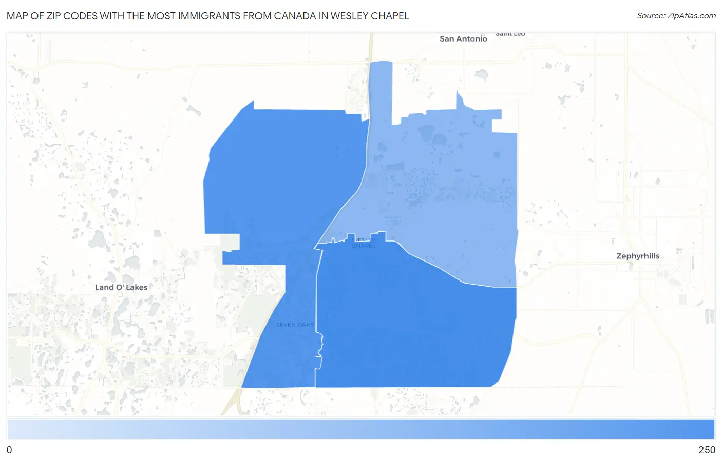 Zip Codes with the Most Immigrants from Canada in Wesley Chapel Map
