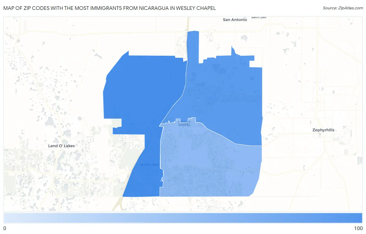 Zip Codes with the Most Immigrants from Nicaragua in Wesley Chapel Map