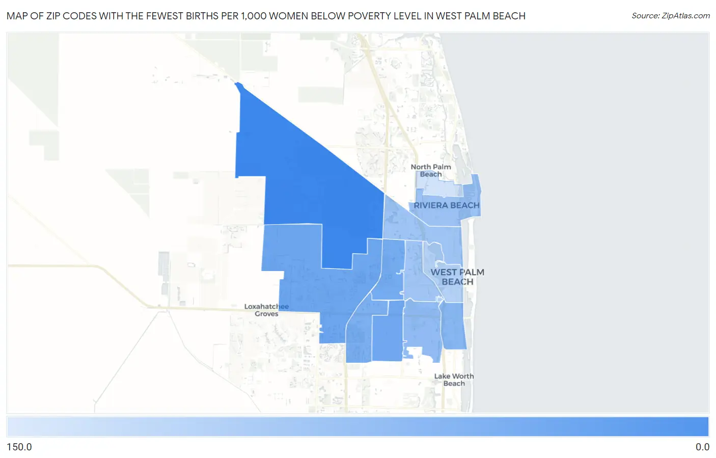 Zip Codes with the Fewest Births per 1,000 Women Below Poverty Level in West Palm Beach Map