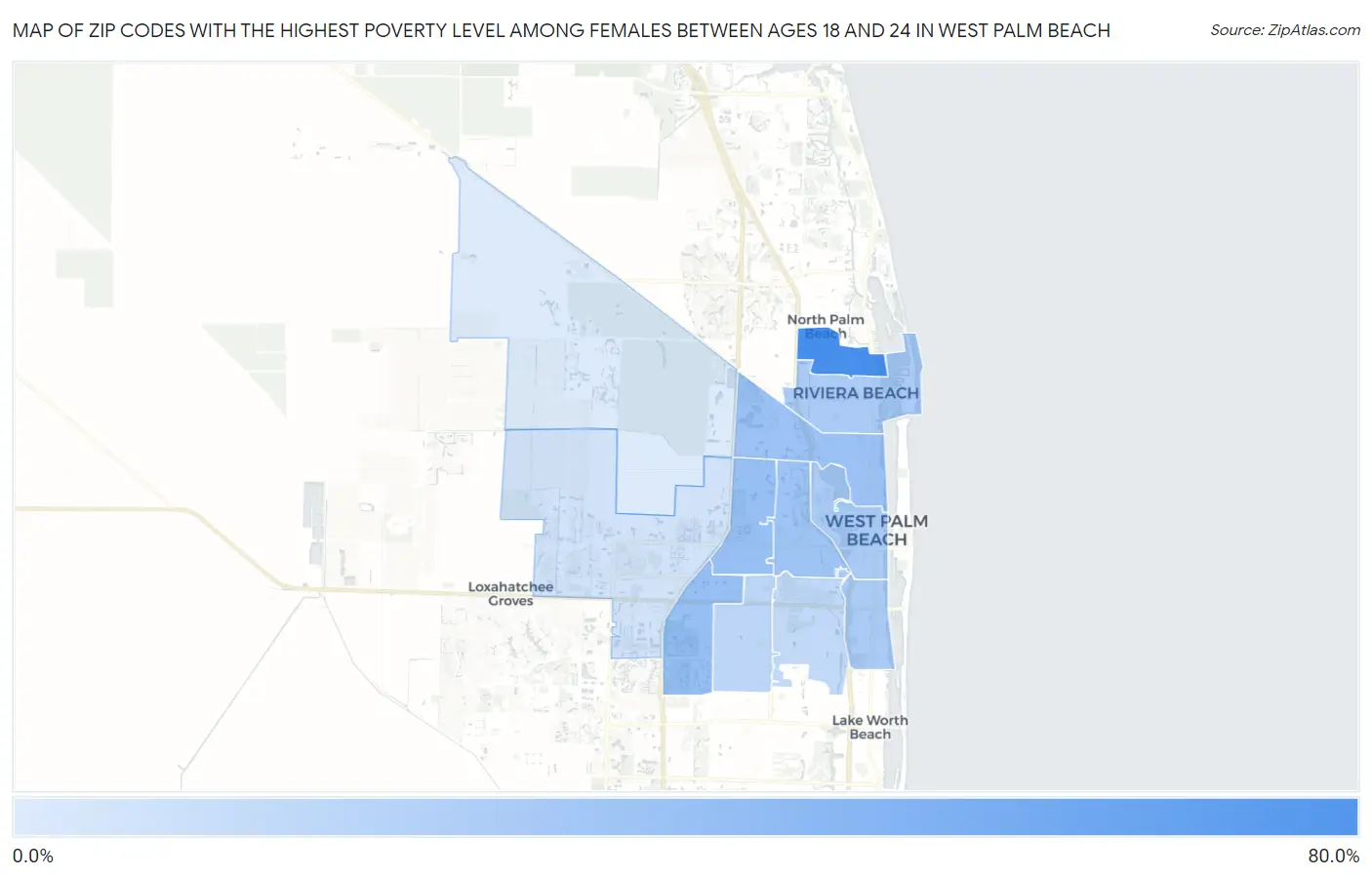 Zip Codes with the Highest Poverty Level Among Females Between Ages 18 and 24 in West Palm Beach Map