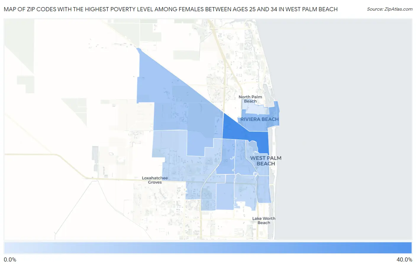 Zip Codes with the Highest Poverty Level Among Females Between Ages 25 and 34 in West Palm Beach Map