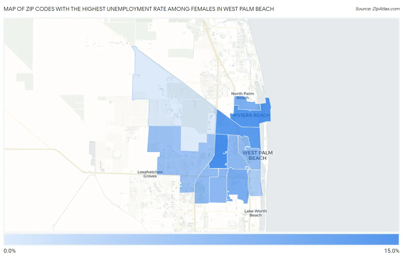 Zip Codes with the Highest Unemployment Rate Among Females in West Palm Beach Map