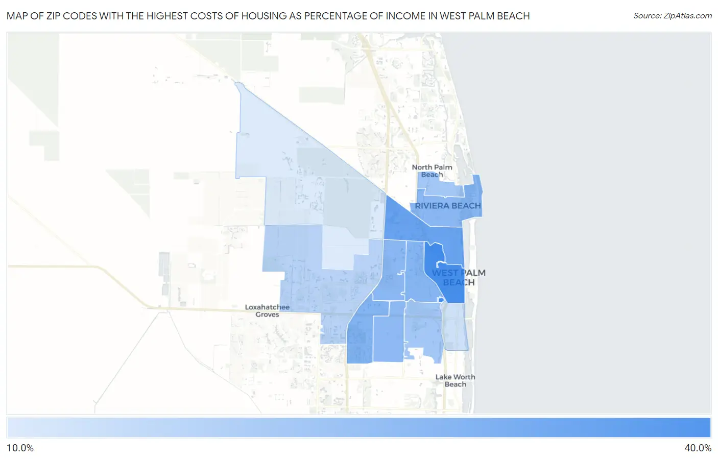 Zip Codes with the Highest Costs of Housing as Percentage of Income in West Palm Beach Map
