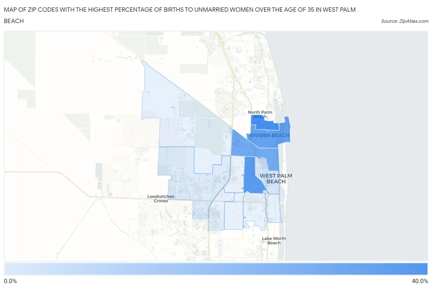 Zip Codes with the Highest Percentage of Births to Unmarried Women over the Age of 35 in West Palm Beach Map