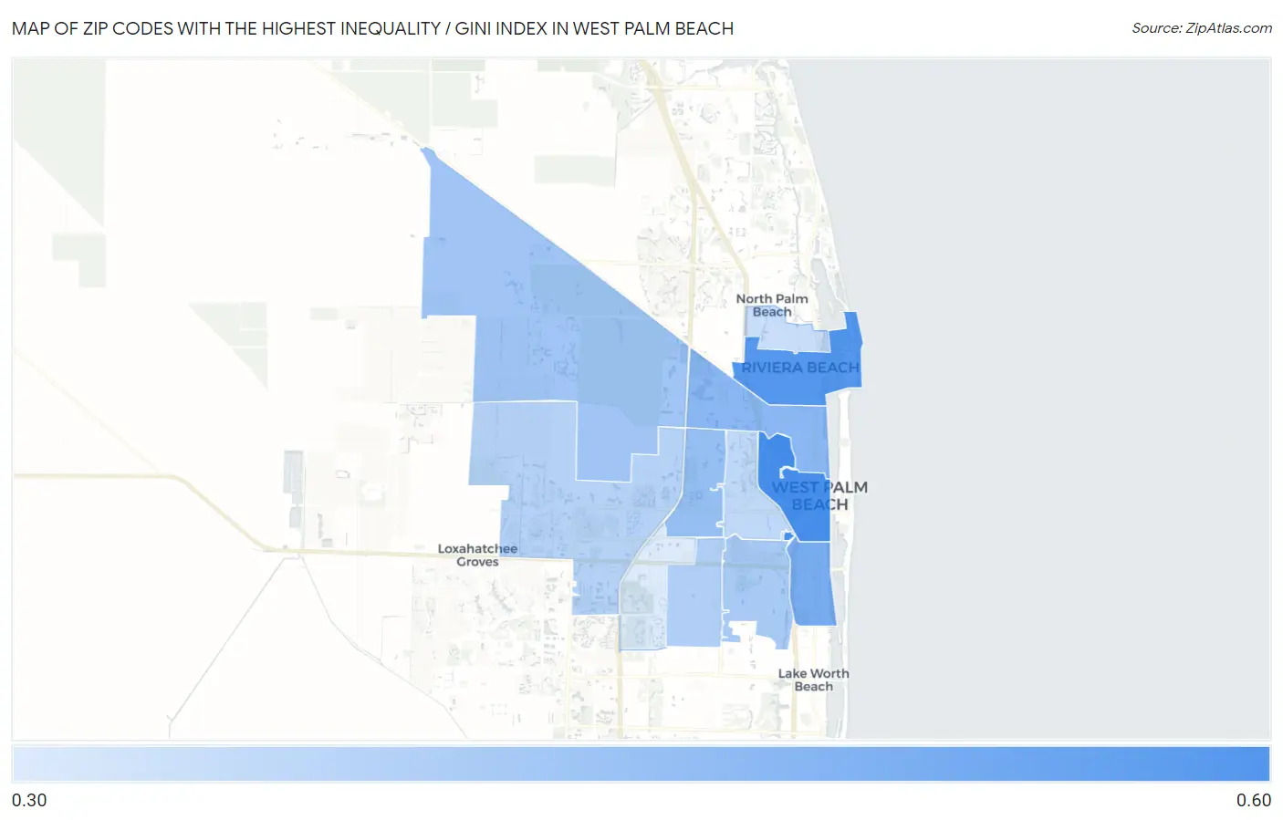 Zip Codes with the Highest Inequality / Gini Index in West Palm Beach Map