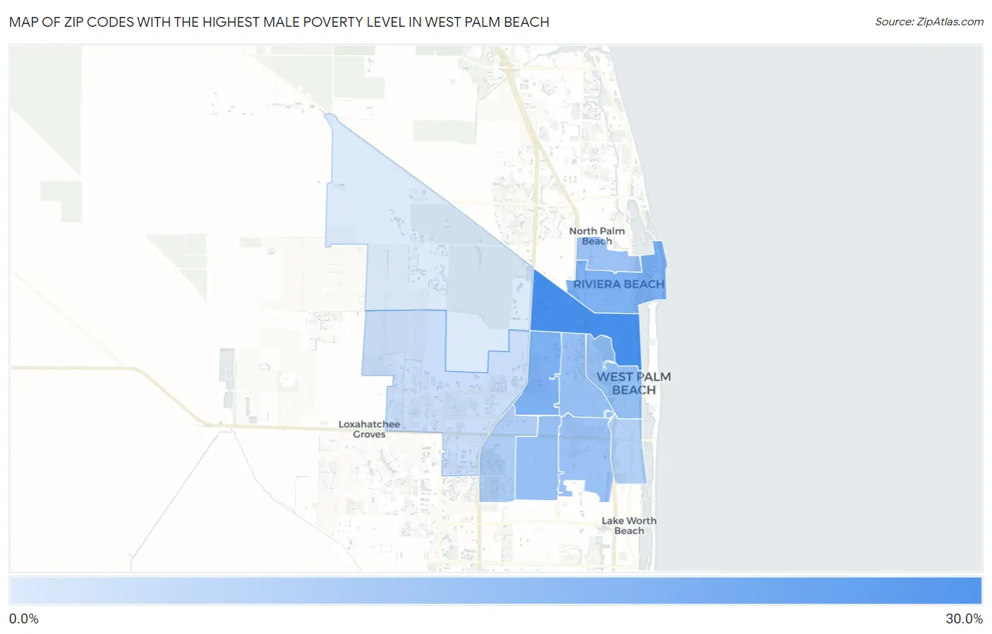 Zip Codes with the Highest Male Poverty Level in West Palm Beach Map