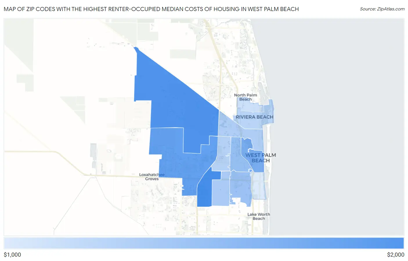 Zip Codes with the Highest Renter-Occupied Median Costs of Housing in West Palm Beach Map