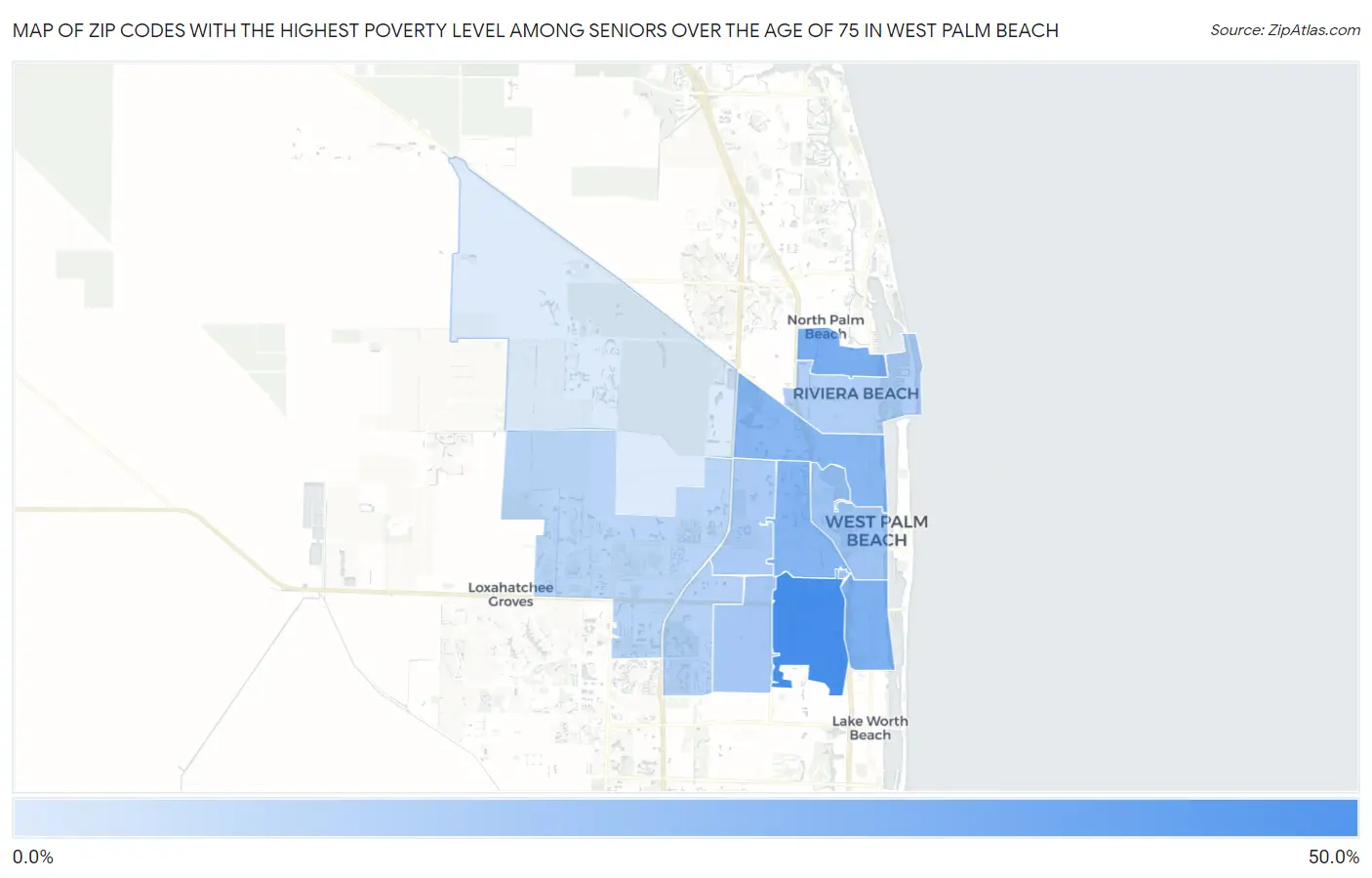 Zip Codes with the Highest Poverty Level Among Seniors Over the Age of 75 in West Palm Beach Map