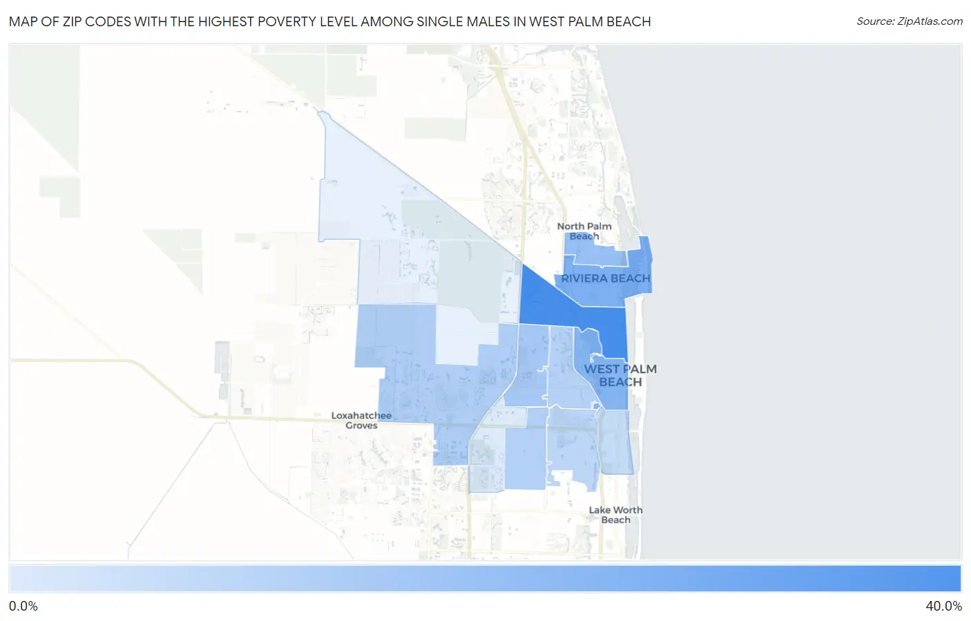 Zip Codes with the Highest Poverty Level Among Single Males in West Palm Beach Map