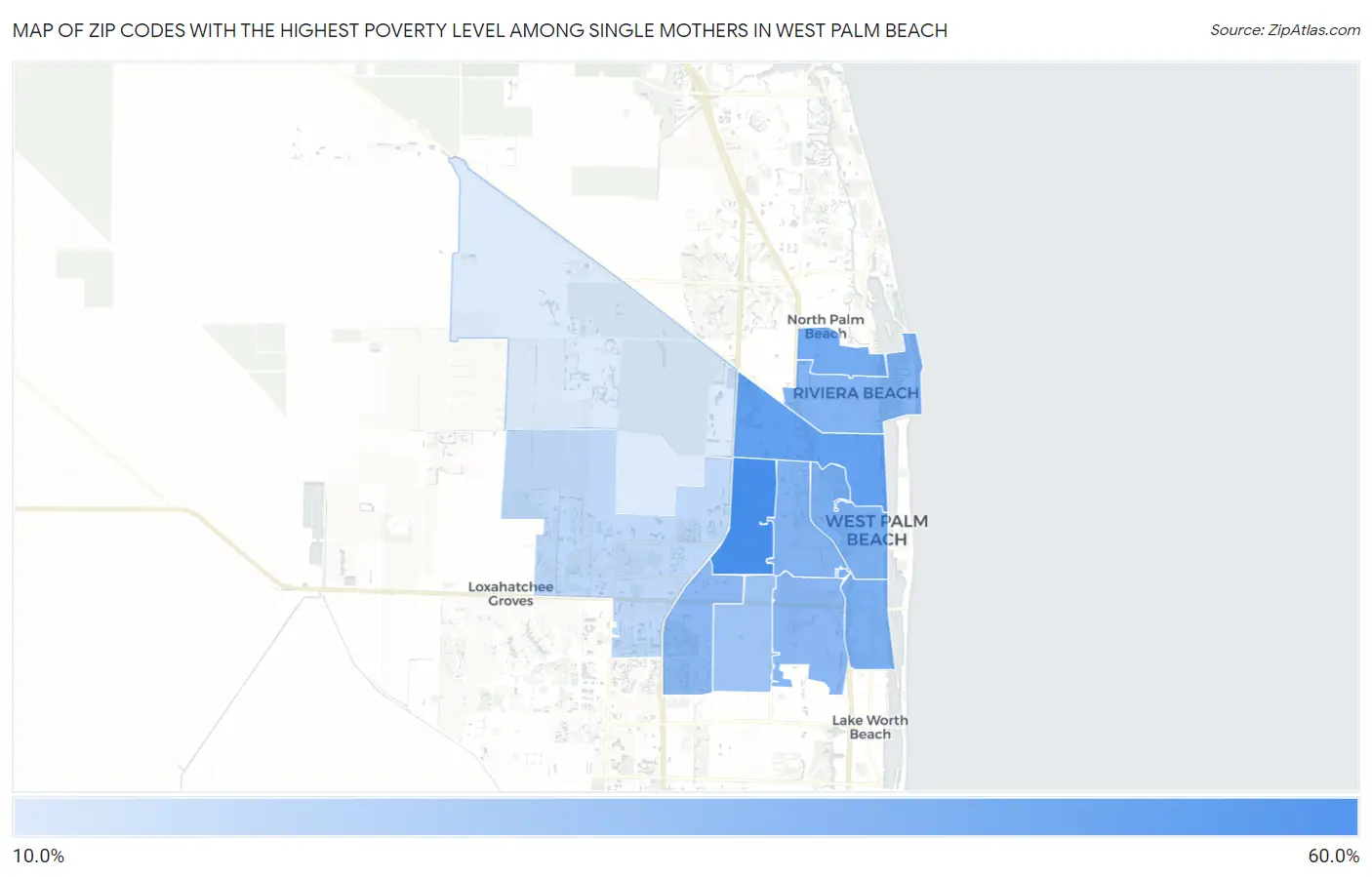 Zip Codes with the Highest Poverty Level Among Single Mothers in West Palm Beach Map