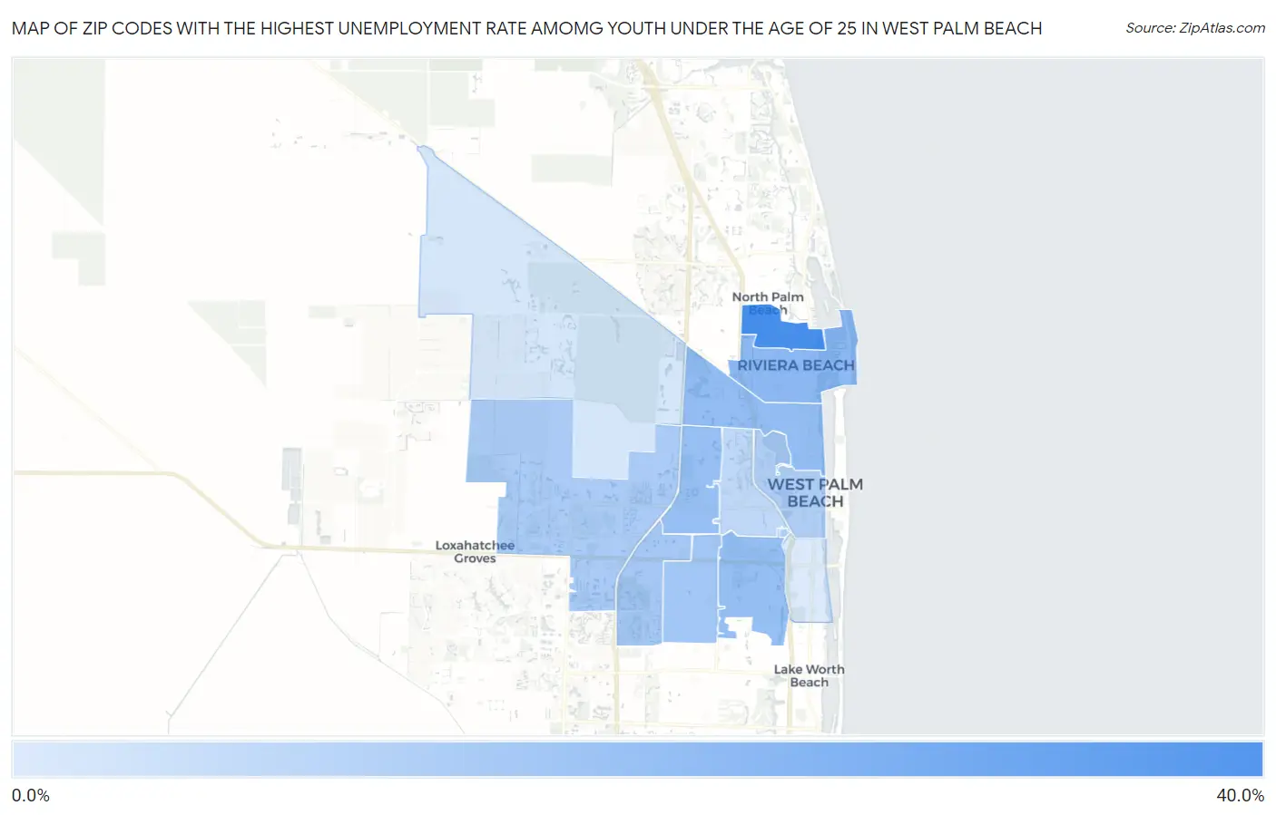 Zip Codes with the Highest Unemployment Rate Amomg Youth Under the Age of 25 in West Palm Beach Map