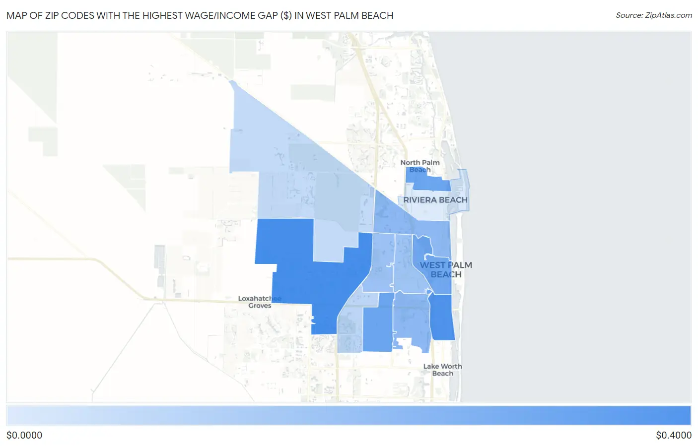 Zip Codes with the Highest Wage/Income Gap ($) in West Palm Beach Map