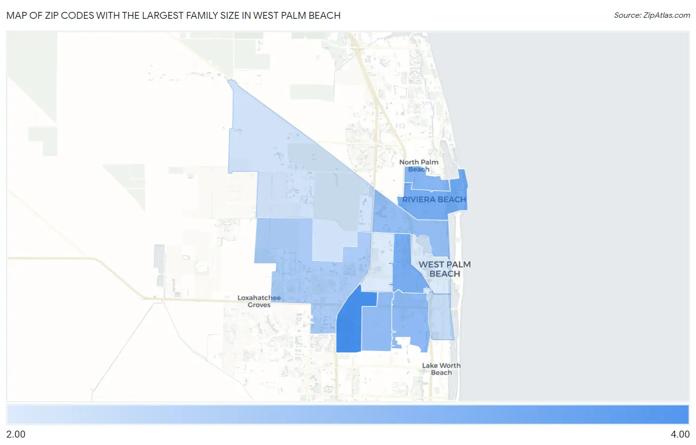 Zip Codes with the Largest Family Size in West Palm Beach Map