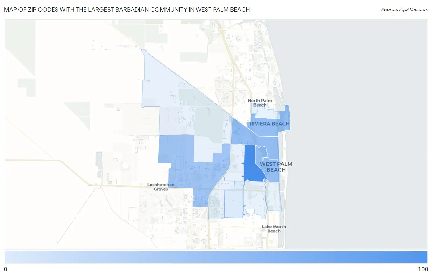 Zip Codes with the Largest Barbadian Community in West Palm Beach Map