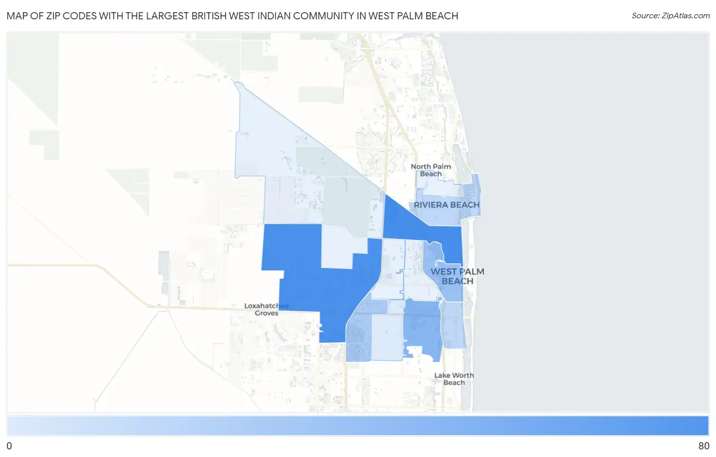 Zip Codes with the Largest British West Indian Community in West Palm Beach Map