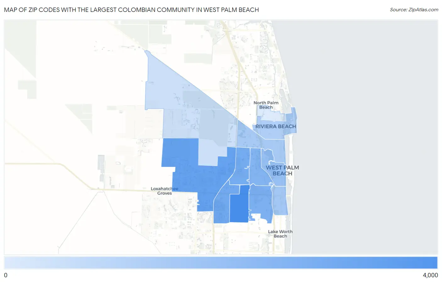 Zip Codes with the Largest Colombian Community in West Palm Beach Map