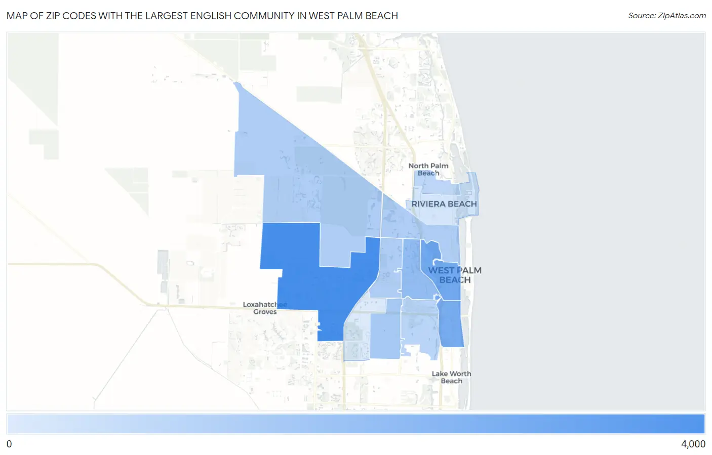 Zip Codes with the Largest English Community in West Palm Beach Map