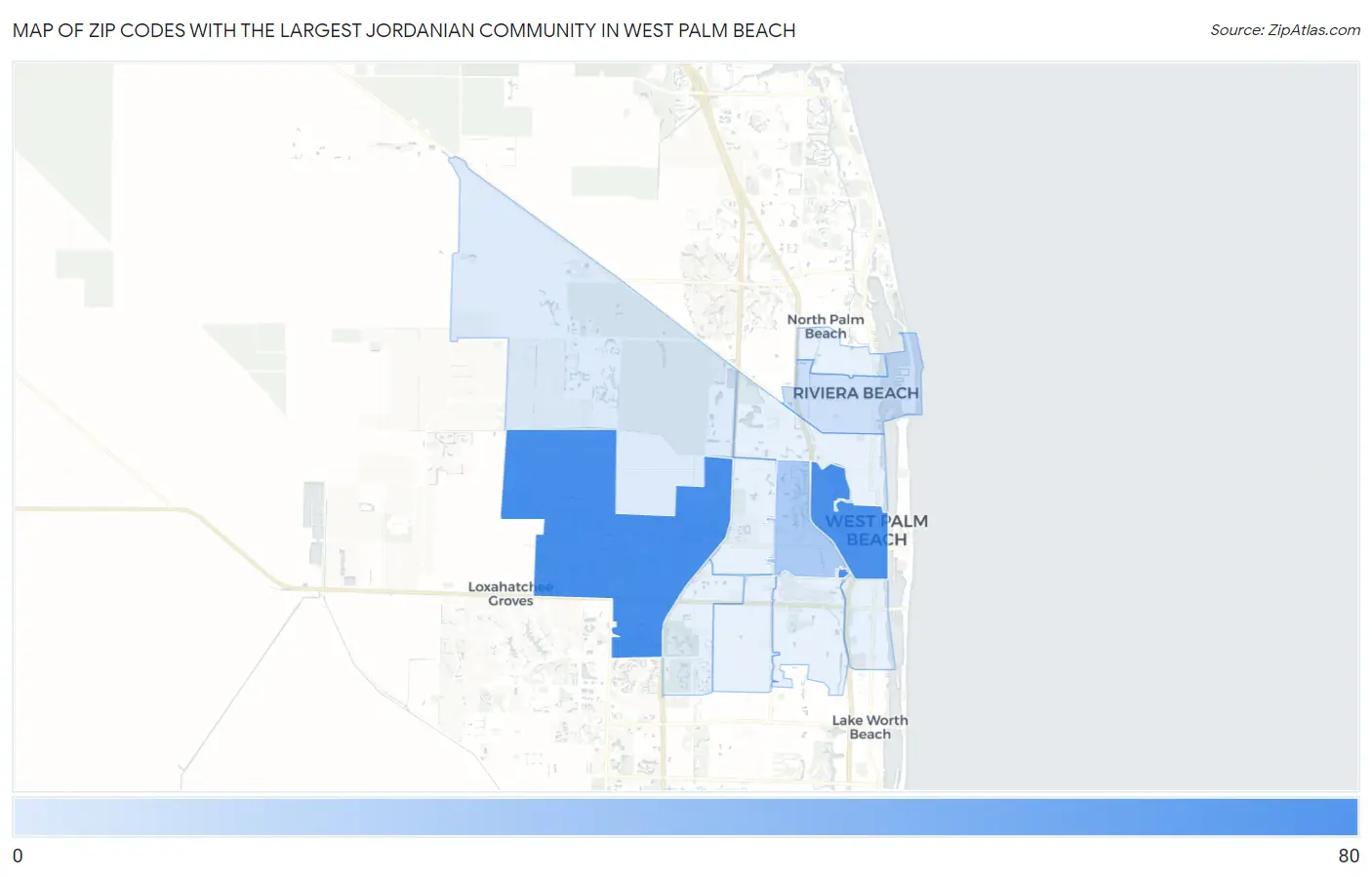 Zip Codes with the Largest Jordanian Community in West Palm Beach Map