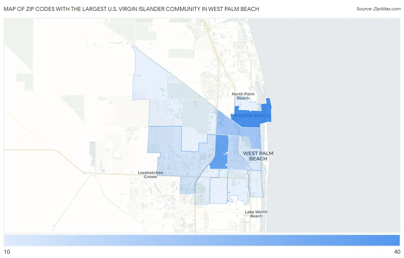 Zip Codes with the Largest U.S. Virgin Islander Community in West Palm Beach Map