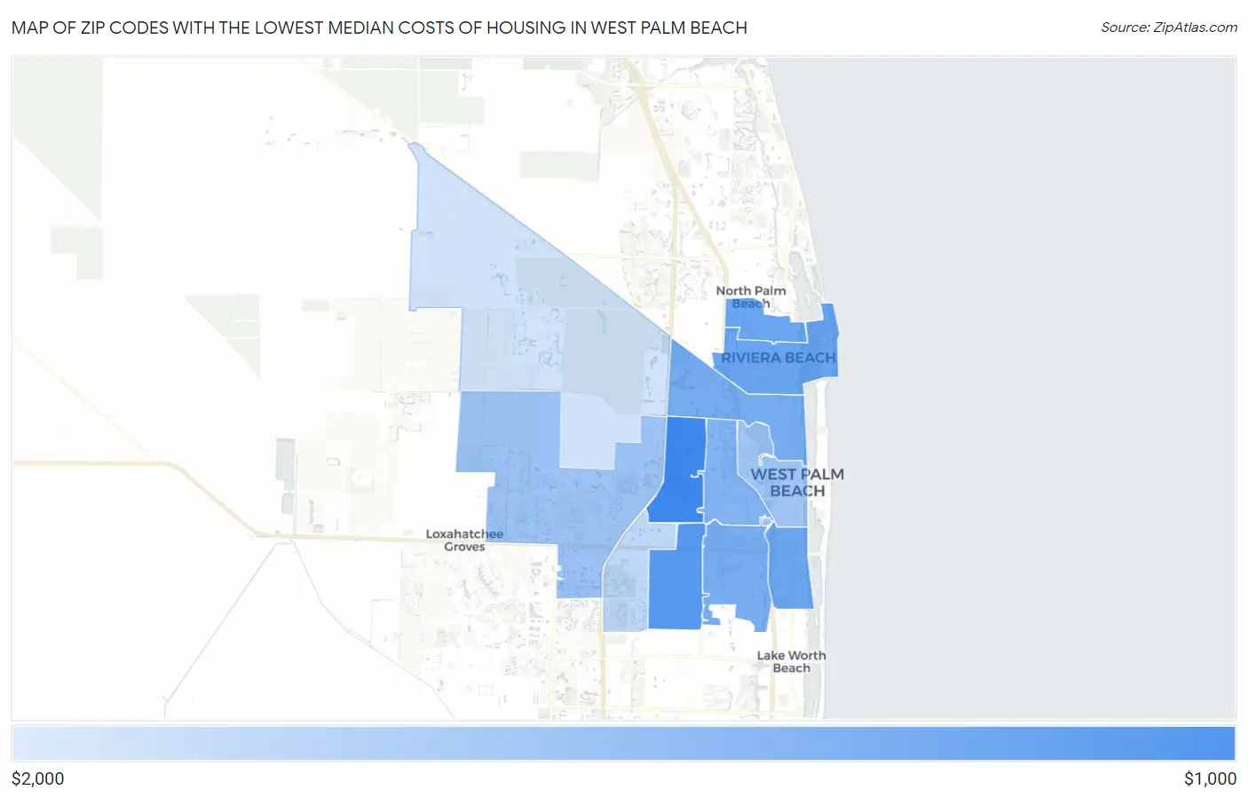 Zip Codes with the Lowest Median Costs of Housing in West Palm Beach Map