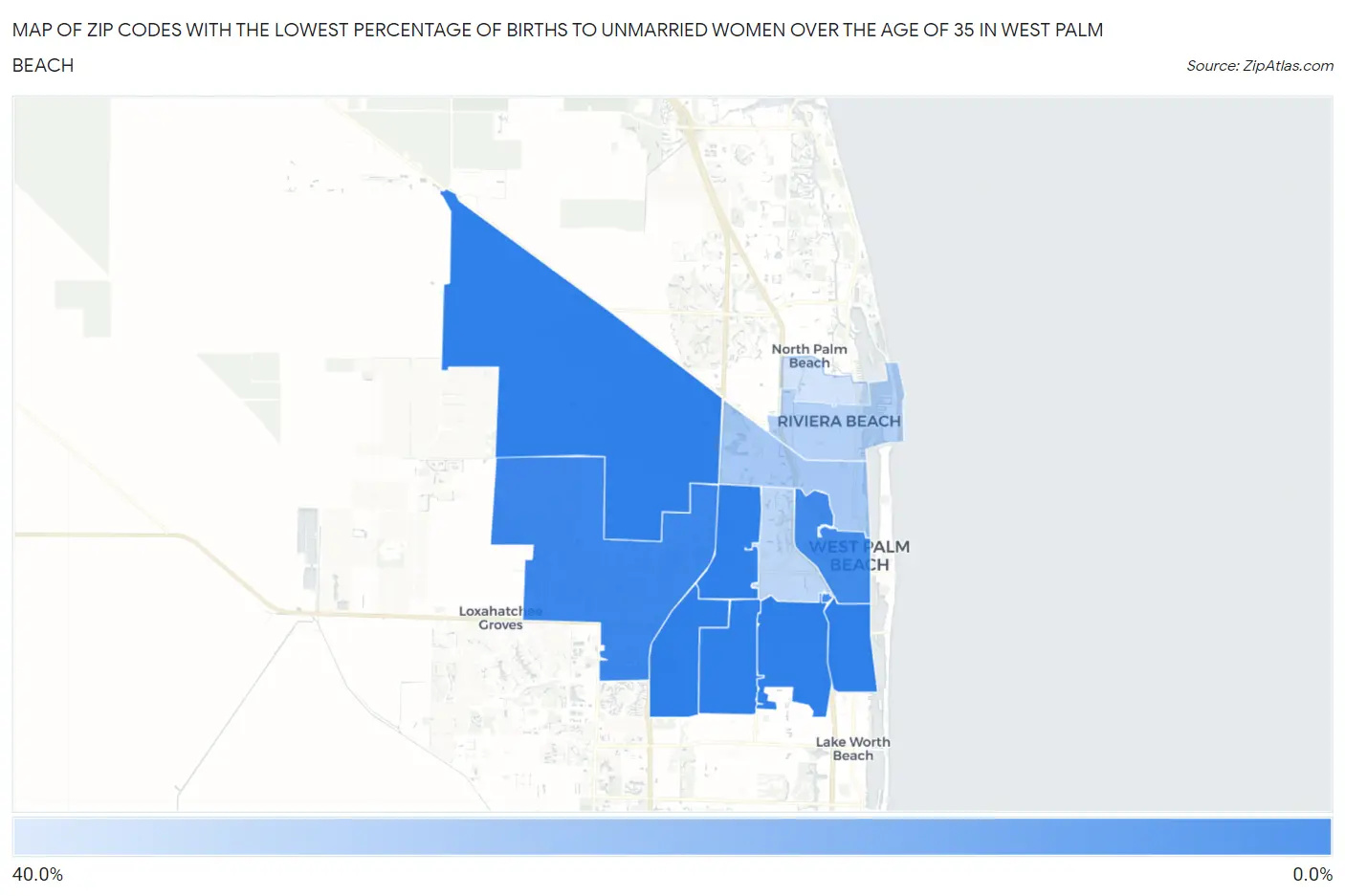 Zip Codes with the Lowest Percentage of Births to Unmarried Women over the Age of 35 in West Palm Beach Map