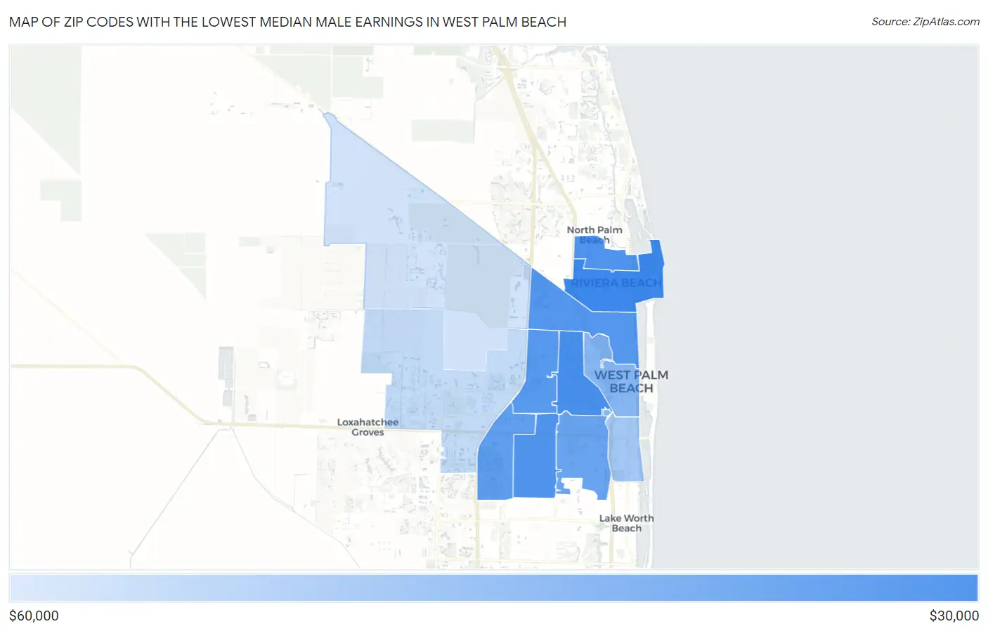 Zip Codes with the Lowest Median Male Earnings in West Palm Beach Map