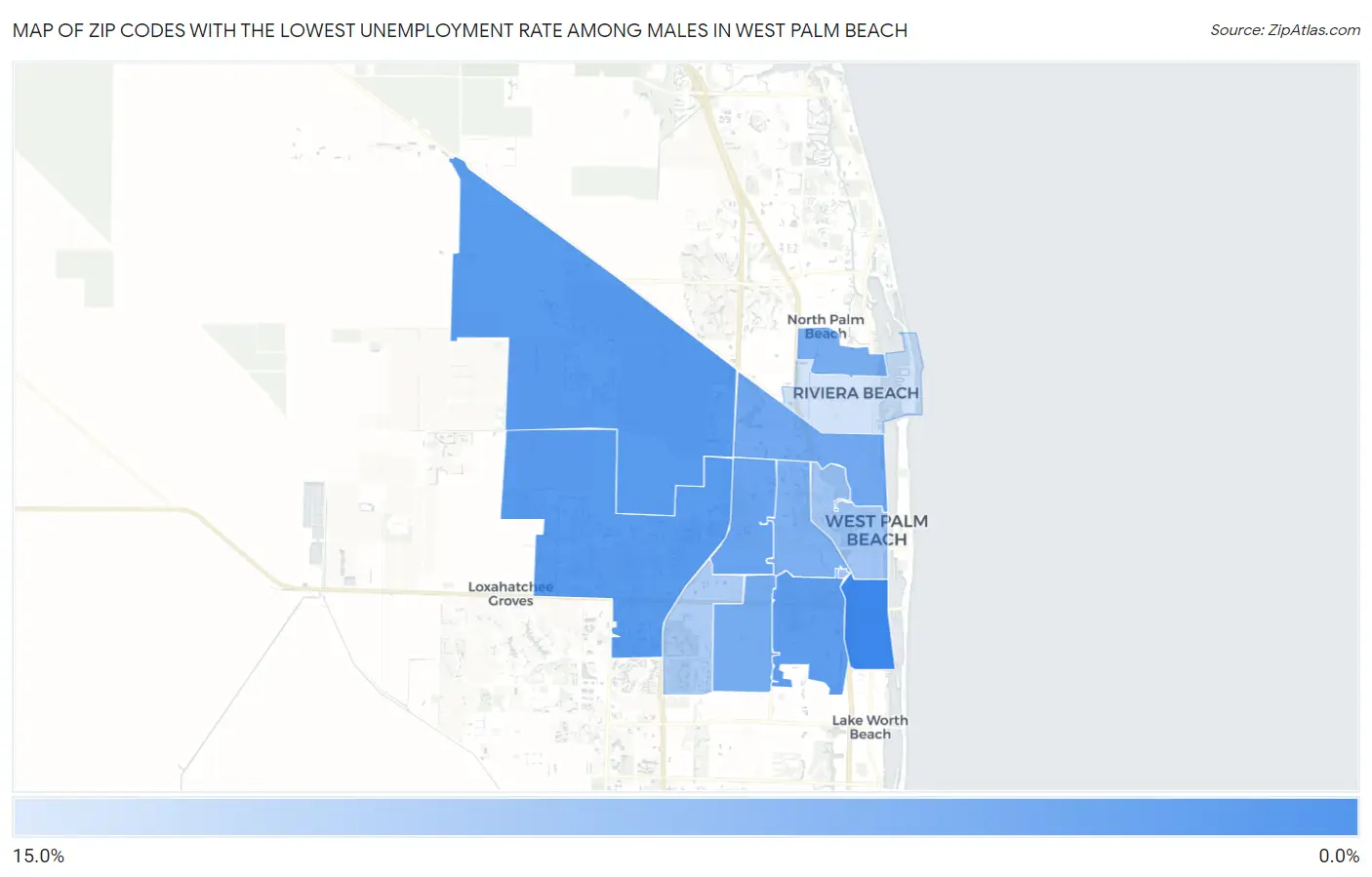 Zip Codes with the Lowest Unemployment Rate Among Males in West Palm Beach Map
