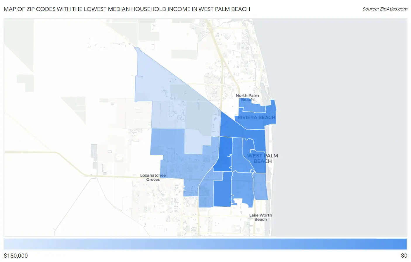 Zip Codes with the Lowest Median Household Income in West Palm Beach Map