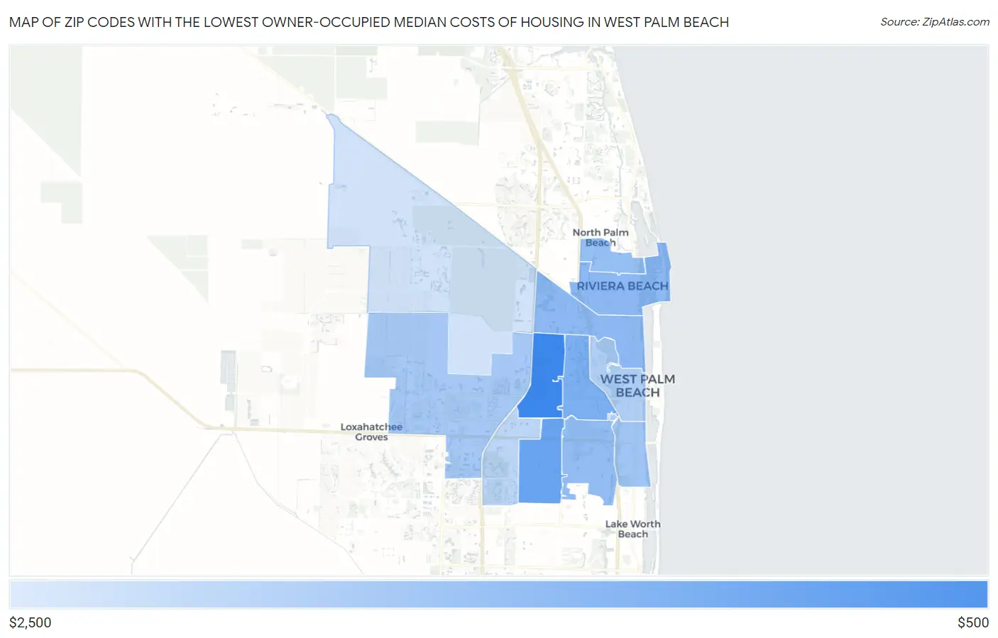 Zip Codes with the Lowest Owner-Occupied Median Costs of Housing in West Palm Beach Map