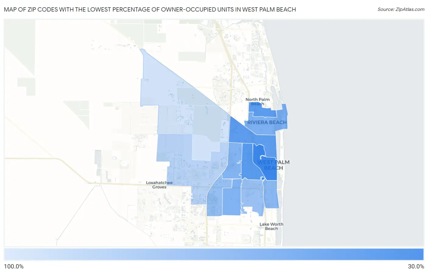 Zip Codes with the Lowest Percentage of Owner-Occupied Units in West Palm Beach Map
