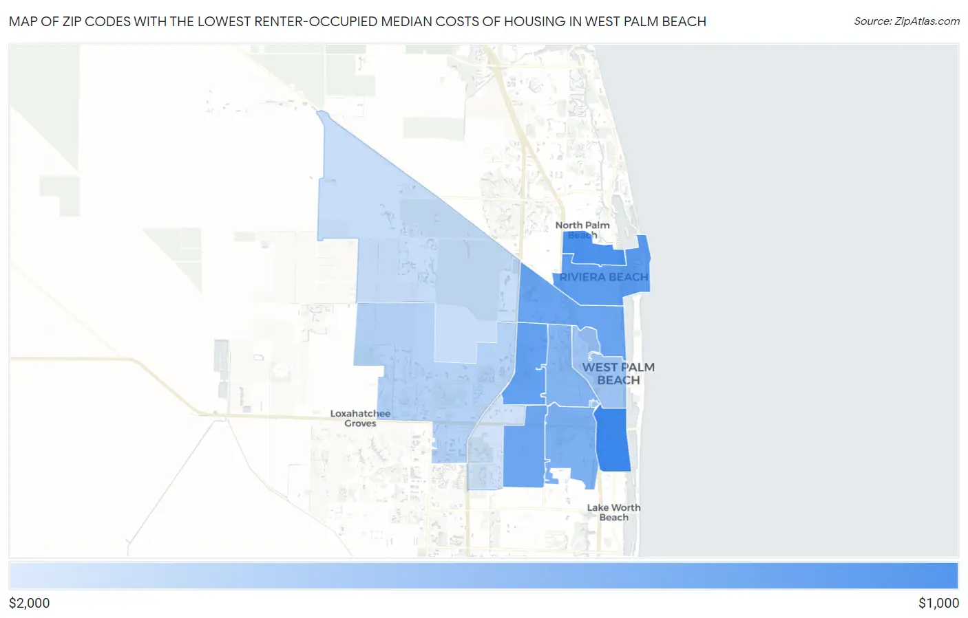 Zip Codes with the Lowest Renter-Occupied Median Costs of Housing in West Palm Beach Map
