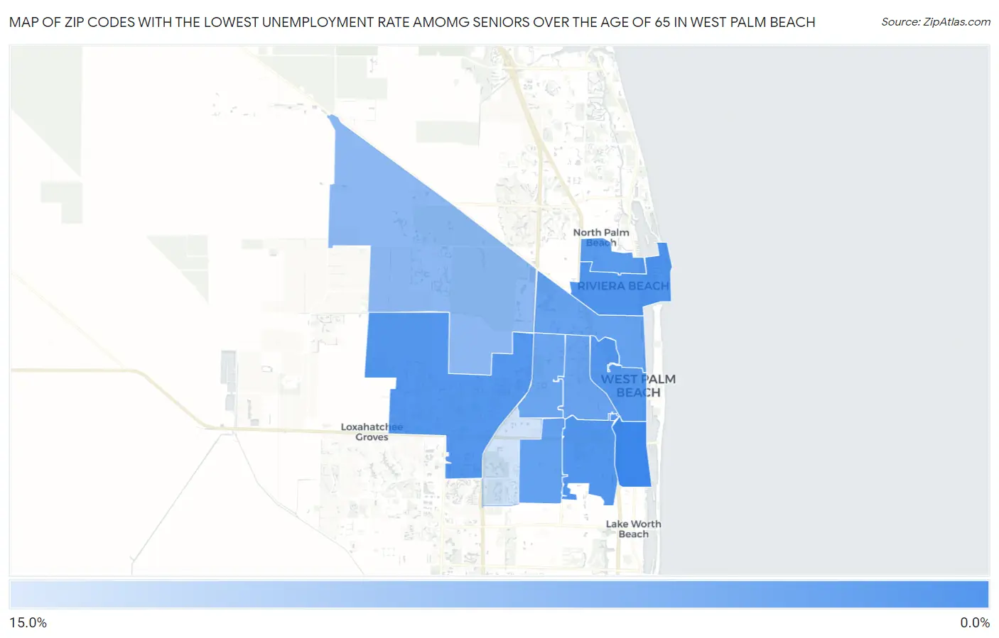 Zip Codes with the Lowest Unemployment Rate Amomg Seniors Over the Age of 65 in West Palm Beach Map