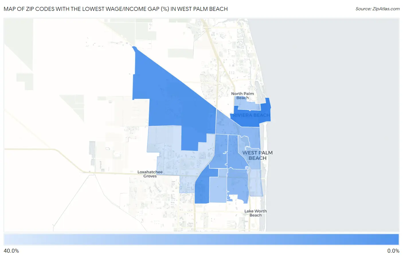 Zip Codes with the Lowest Wage/Income Gap (%) in West Palm Beach Map