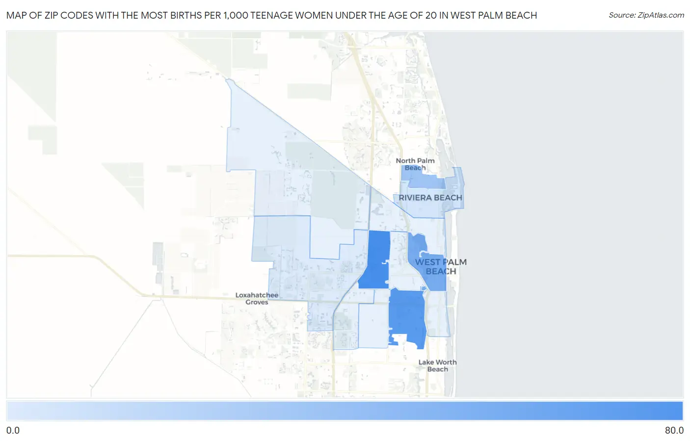 Zip Codes with the Most Births per 1,000 Teenage Women Under the Age of 20 in West Palm Beach Map