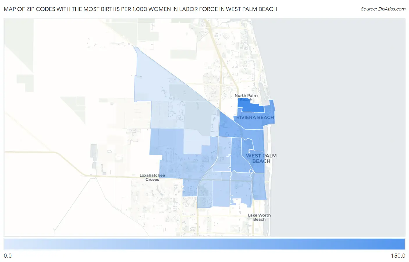 Zip Codes with the Most Births per 1,000 Women in Labor Force in West Palm Beach Map