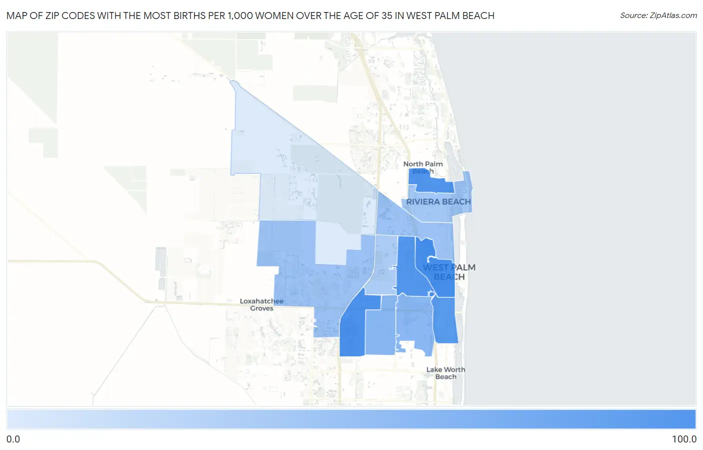 Zip Codes with the Most Births per 1,000 Women Over the Age of 35 in West Palm Beach Map